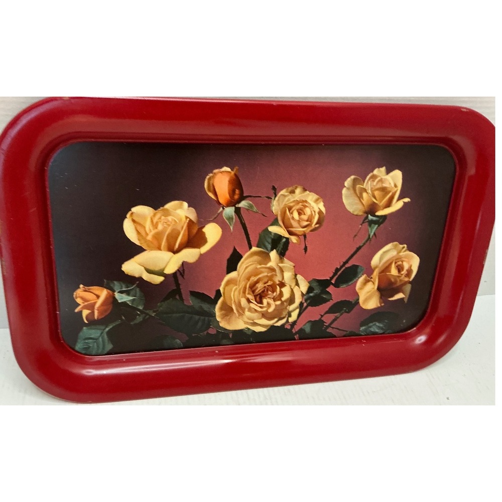 Vintage Set of 4 Metal TV Lap Trays Yellow Rose Floral Red Trim 17x11 Retro